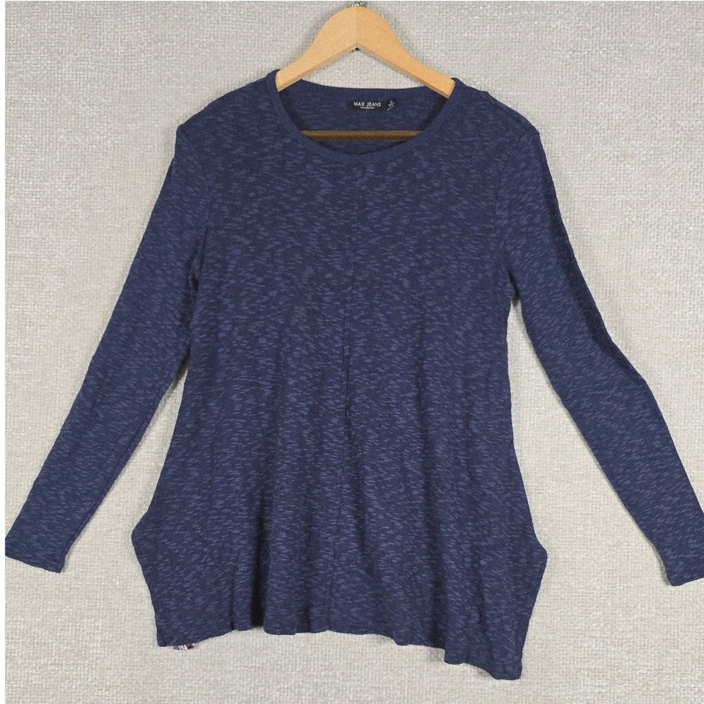 Max Jeans Womens Blue Space Dye Mixed Media Geometric Print Back Knit Top Medium